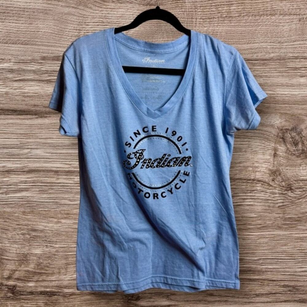 Indian motorcycle blue embellished V-neck T-shirt. XL. Myrtle Beach